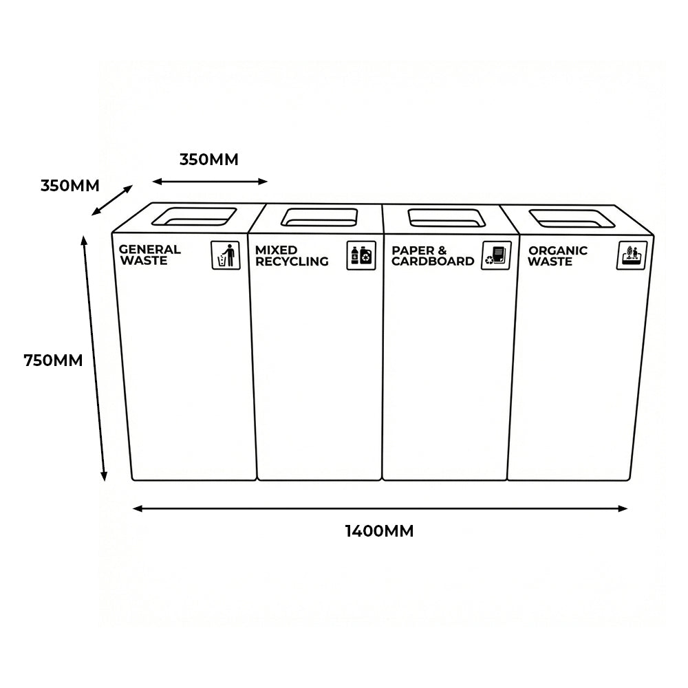 Richmond 4-Station Waste Recycling Bin Kit (4 x 52L) | Red, Yellow, Blue & Green
