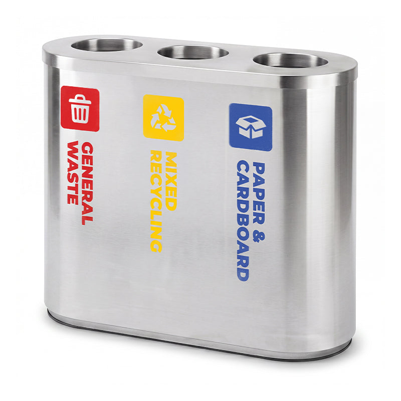 Stainless Steel Waste Sorting Station 3x 42L | Red, Yellow & Blue