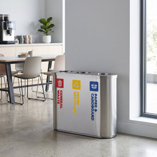 Stainless Steel Waste Sorting Station 3x 42L | Red, Yellow & Blue