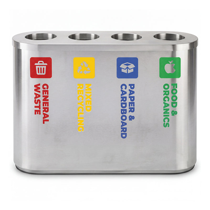 Stainless Steel Waste Sorting Station 4x 42L | Red General Waste, Yellow Mixed Recycling, Blue Paper & Green Organics