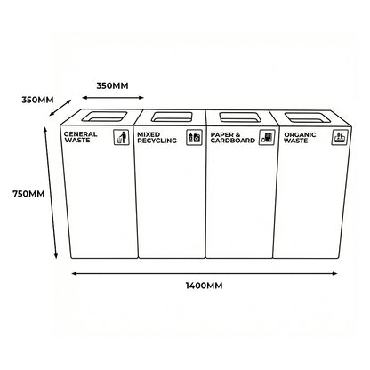 Richmond 4-Station Waste Recycling Bin Kit (4 x 52L) | Red, Yellow, Blue & Green
